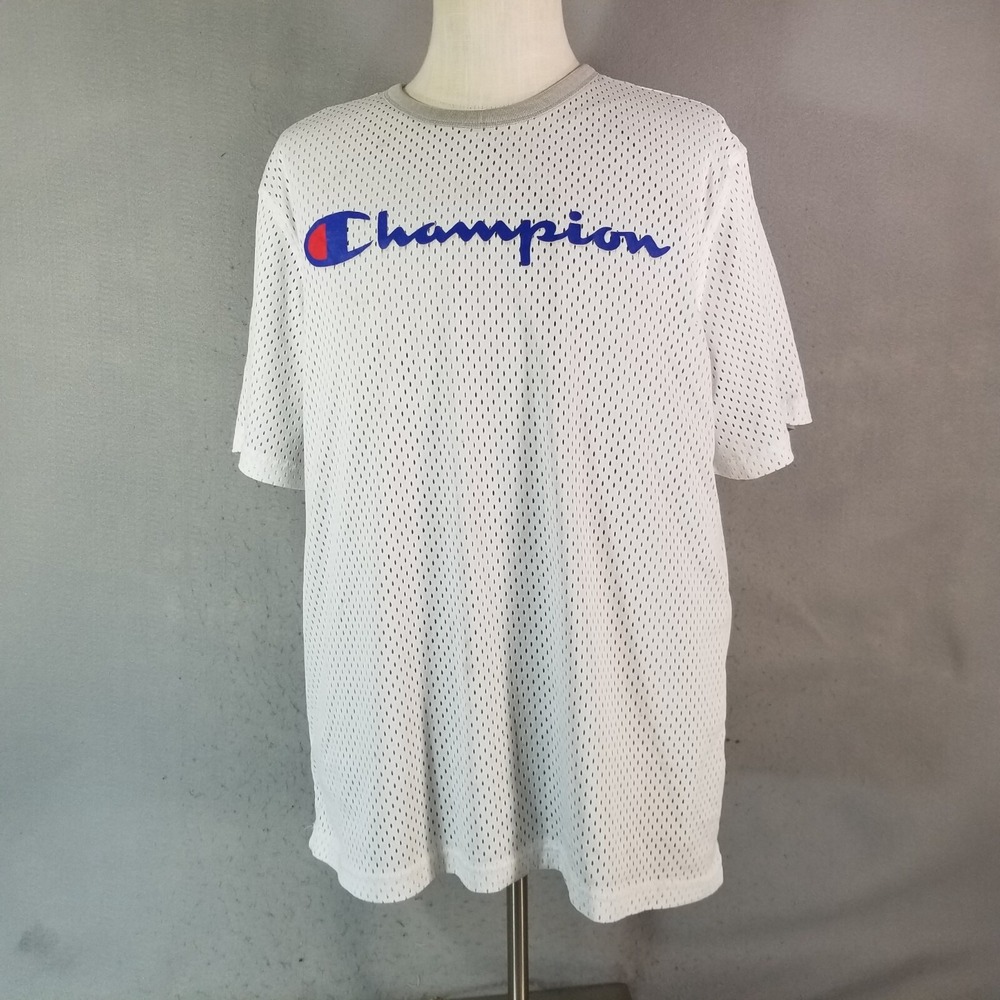 Champion Shirt Mens 2XL White Jersey Reversible Dual Layer Mesh T-Shirt Logo